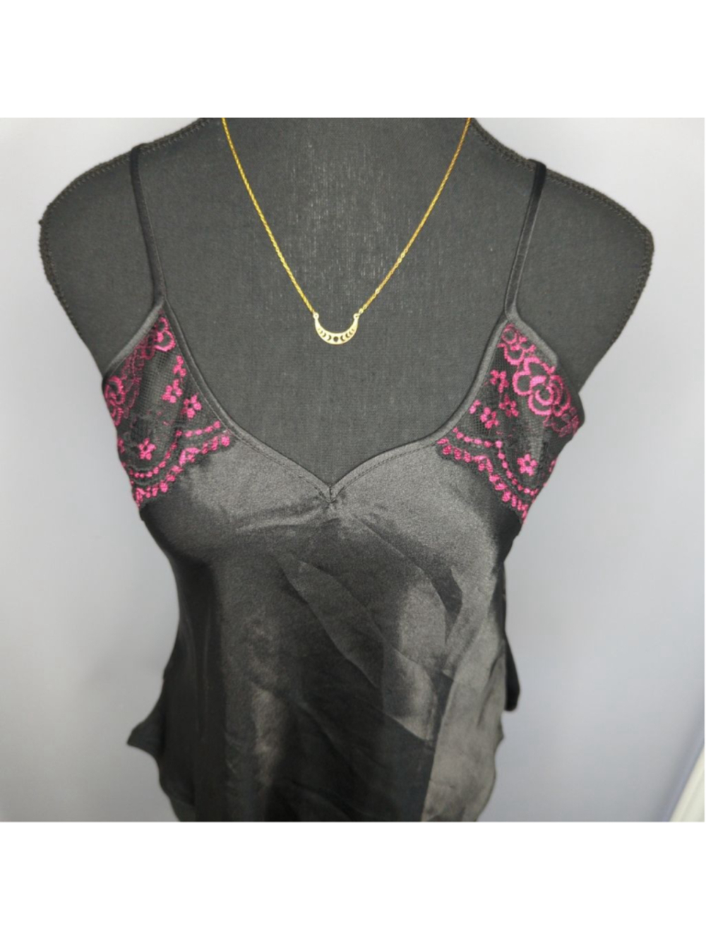 Sisi Black Satin Y2K Tie-back Cami w Pink Lace Detail Sz L